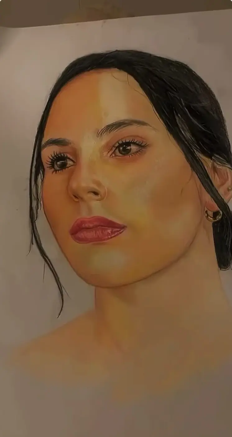 Coloured-pencil portrait with dark centre-parted hair and carefully layered skin tones.