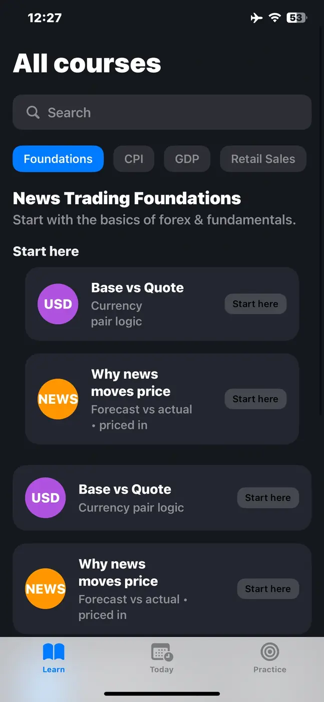 FX News Coach course screen with foundations, CPI, GDP and Retail Sales topics.