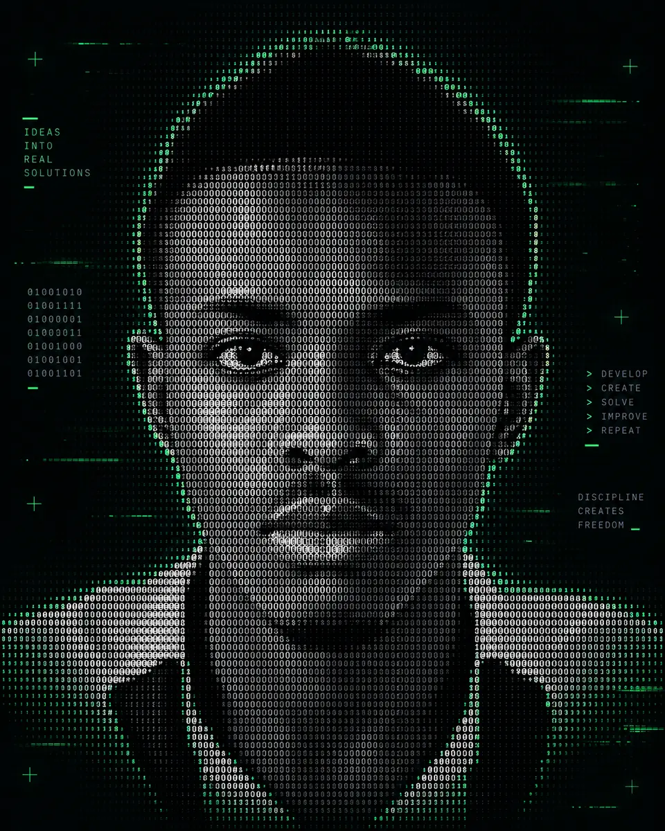 Joachim Shilongo in a white-and-neon-green ASCII-style portrait on a dark terminal background