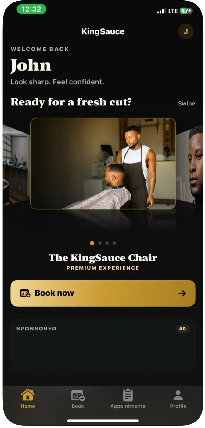 KingSauce home screen with a black-and-gold cover-flow carousel and Book now button.