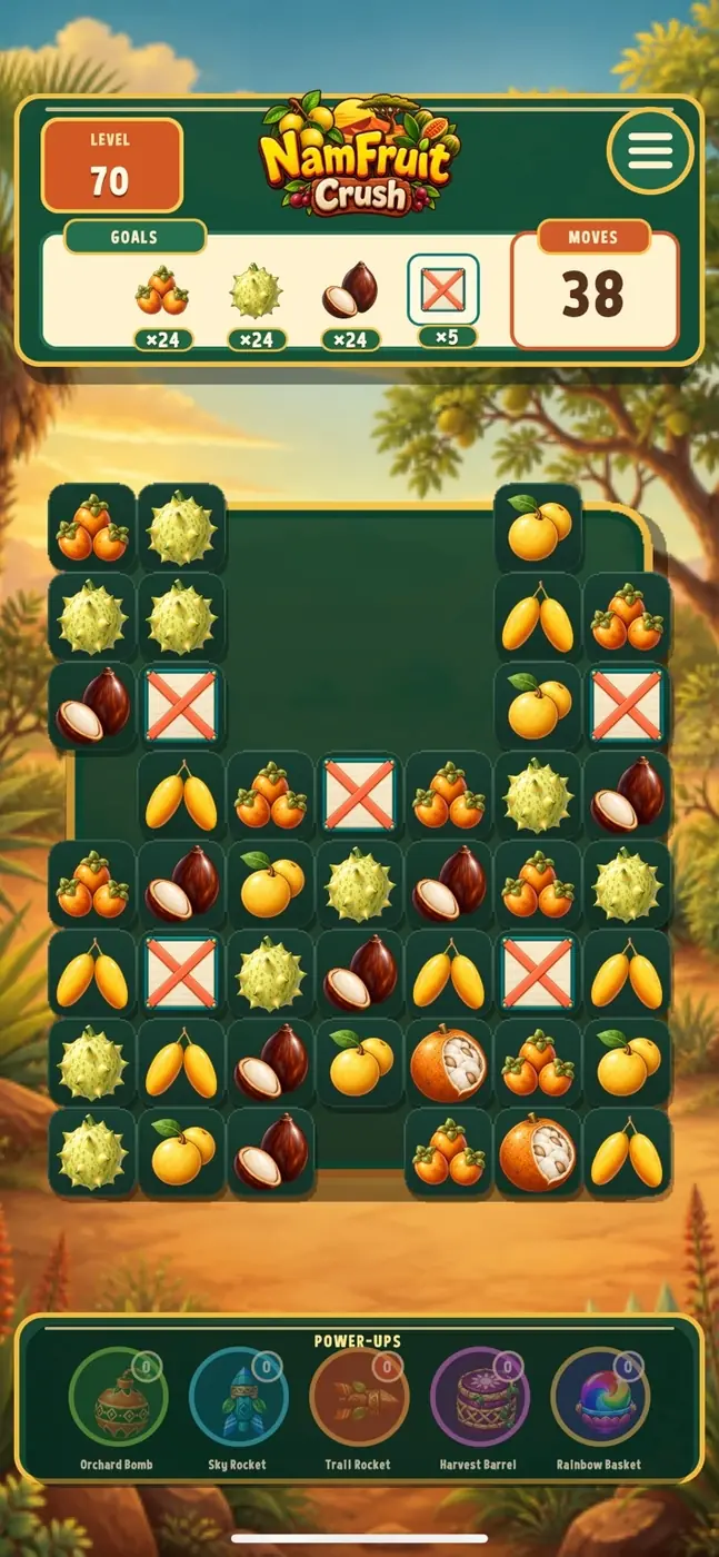NamFruit Crush level 70 showing fruit goals, a move counter and power-ups.
