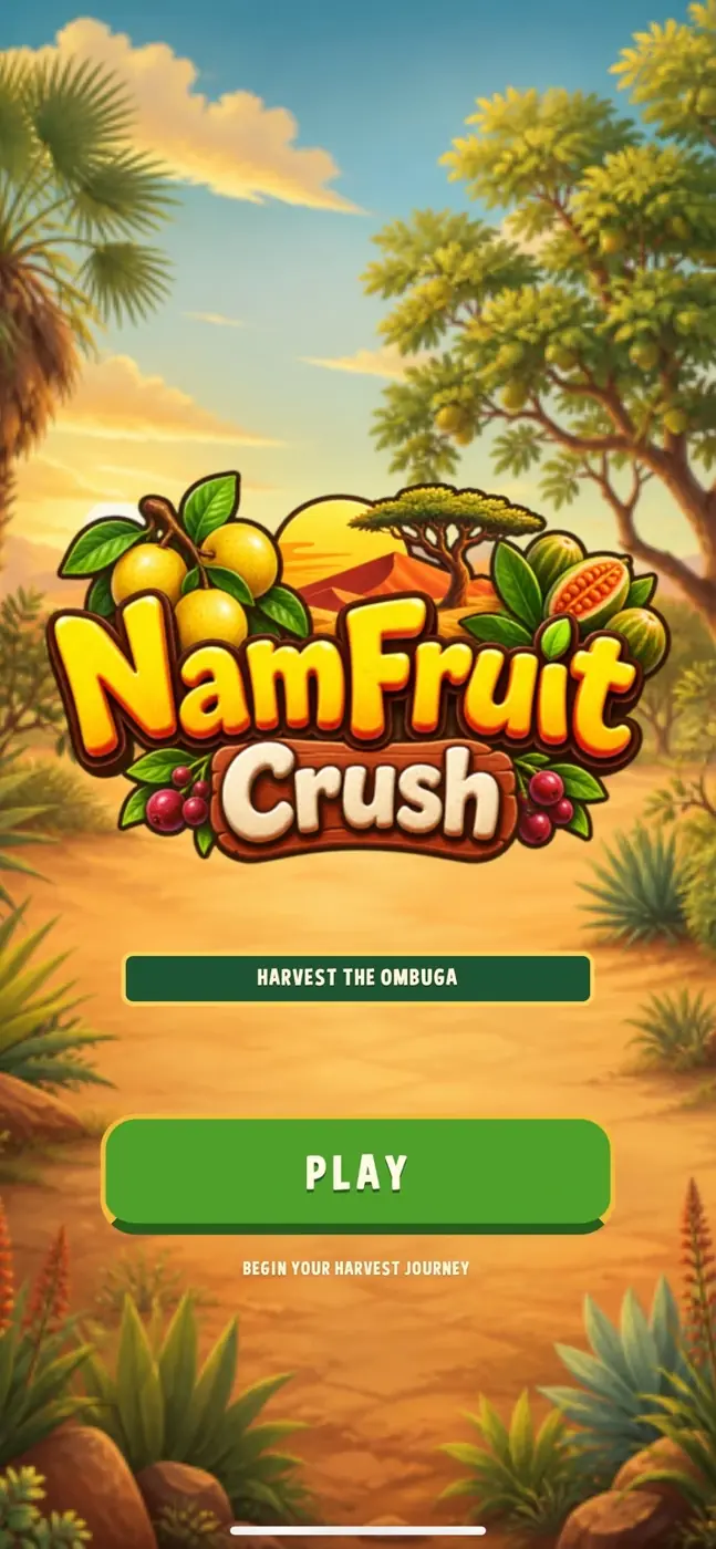 NamFruit Crush title screen with the harvest setting and Play button.