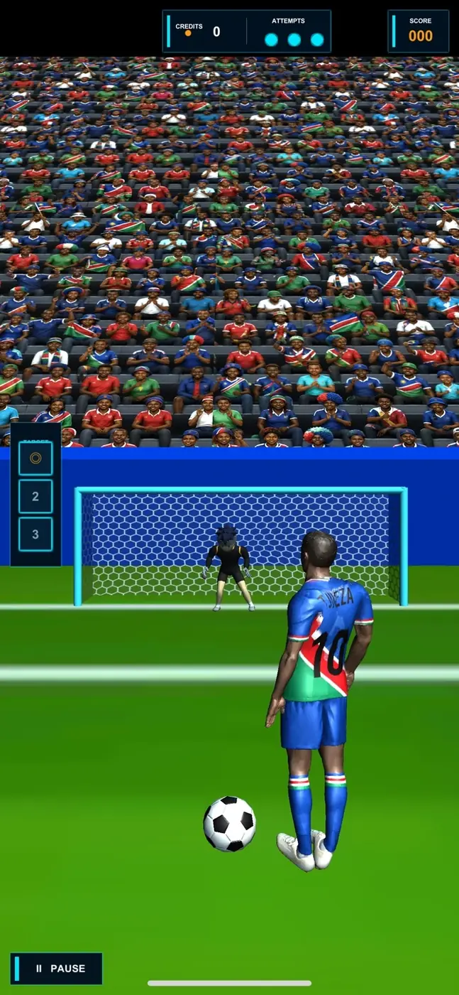 Football prototype with a player setting up a shot towards the goalkeeper.