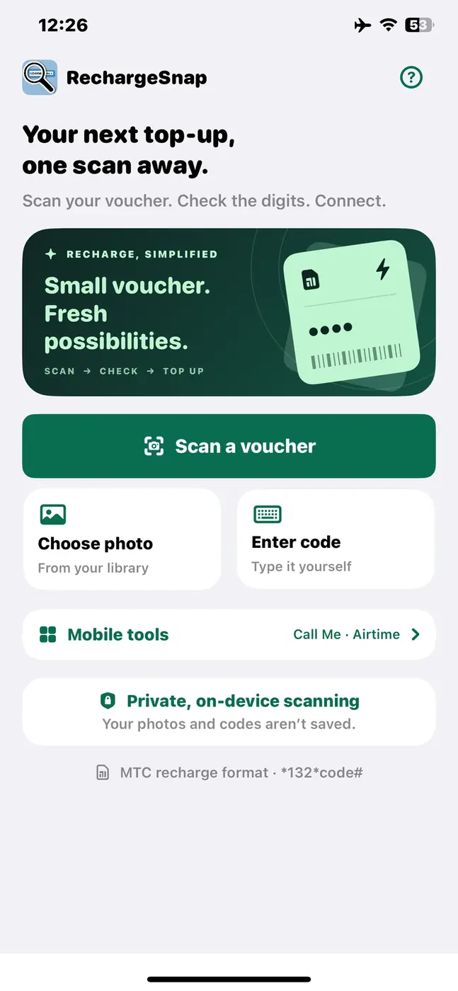 RechargeSnap home screen with Scan a voucher, Choose photo, Enter code and Mobile tools.