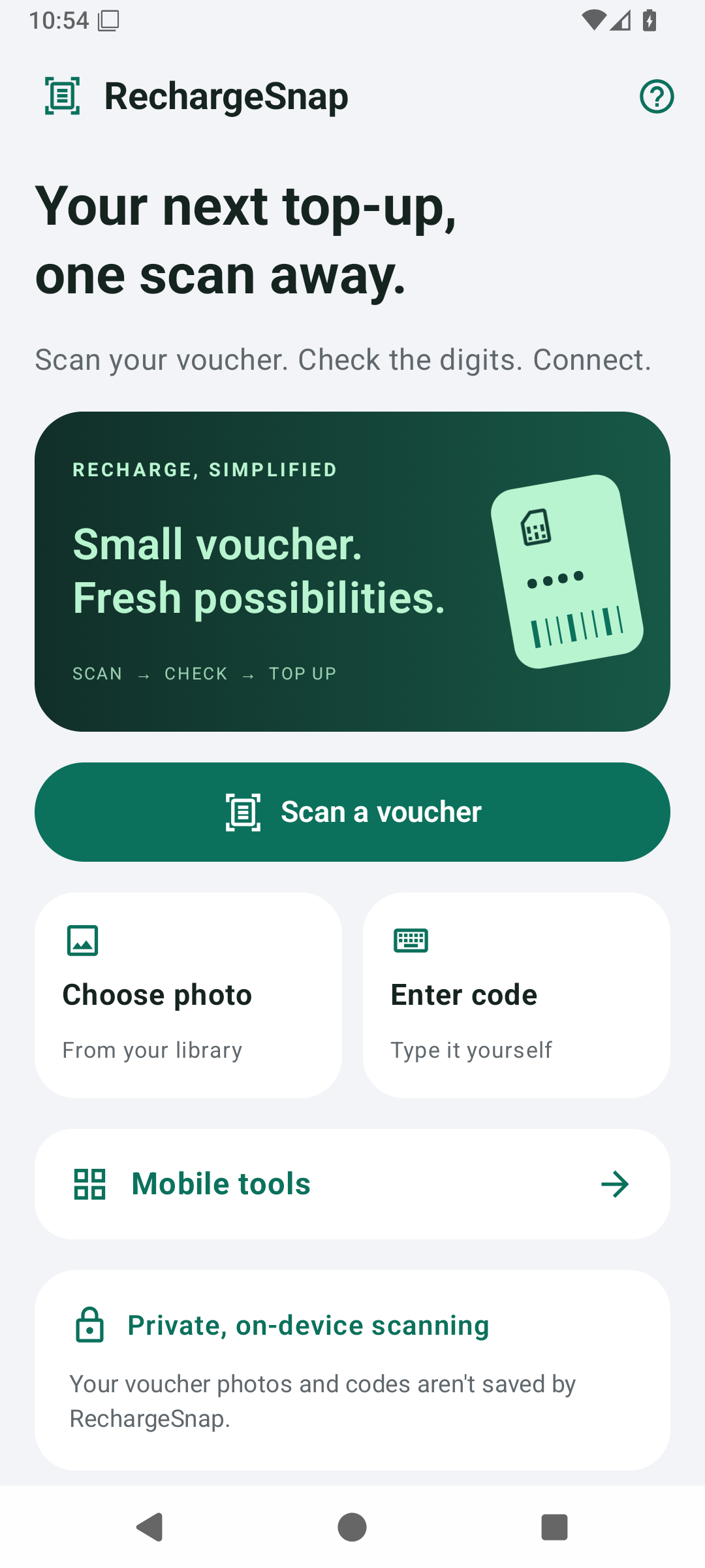 RechargeSnap Android interface with Scan voucher, Choose photo, and mobile tools